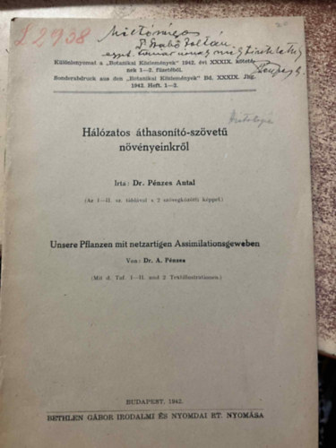 Dr. P�nzes Antal - H�l�zatos �thason�t�-sz�vet� n�v�nyeinkr�l