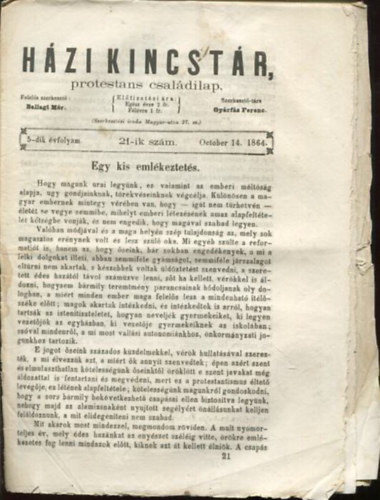 Hzi kincstr. Protestns csaldi lap. 5-dik vfolyam. 21-ik szm. October 14. 1864.