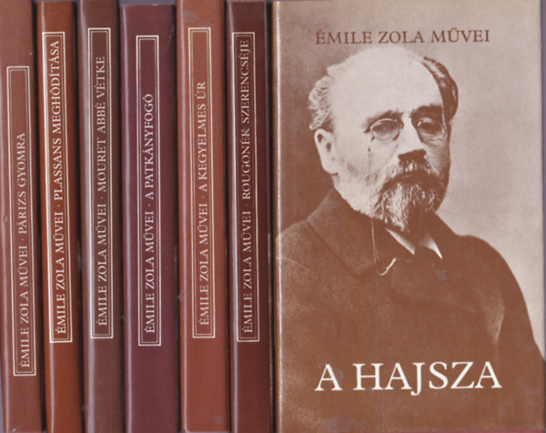 7 db köny az Émile Zola művei sorozatból: A Hajsza, Rougonék Szerencséje, A Kegyelmes úr, A Patkányfogó,Mouret abbé vétke, Plassans meghódítása, Párizs gyomra