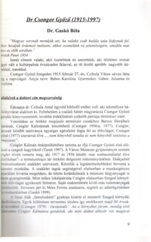 Dr. Gask Bla - Dr. Csongor Gyz ( 1915-1997 ) Termszettudomnyi Tanulmnyok Studia Naturalia 1. - Klnlenyomat