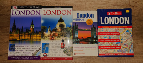 4 útikönyv Londonba készülőknek (2 magyar / 2 angol nyelvű): London (Merian), London (Útitárs) / London (Eyewitness), London (Street Atlas)