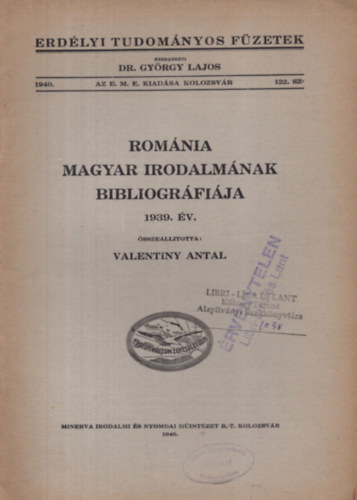 Valentiny Antal - Romnia magyar irodalmnak bibliogrfija 1939.