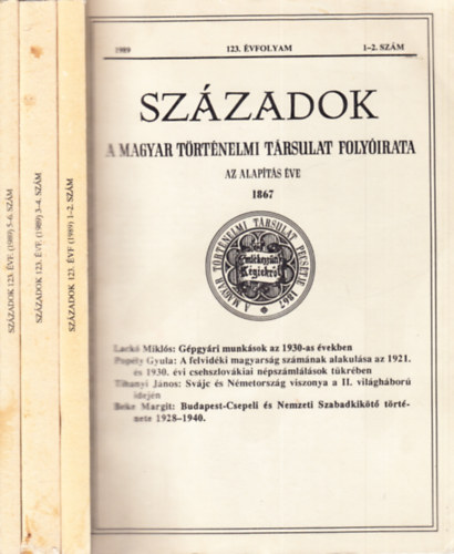 Századok 1989/1-6. (teljes évfolyam, 3 kötetben)
