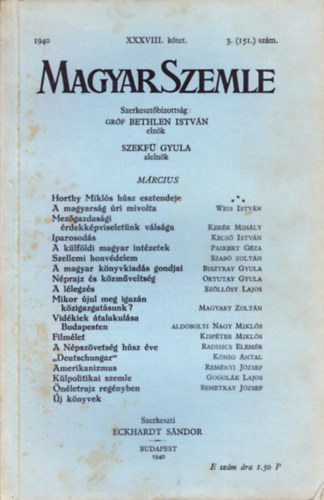 Magyar Szemle 1940. mrcius XXXVIII. ktet 3. (151.) szm