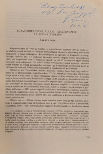 Takács Imre - Búzatermelésünk Állami Átszervezése az 1930-as években - Különlenyomat