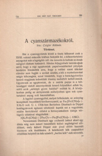 Czgler Klmn - A cyanszrmazkokrl  - Klnlenyomat  a Trencsnvm. Term. Tud. Egylet 1908-1910 XXXI-XXXIII. vfolyambl a 99-114. oldalig.