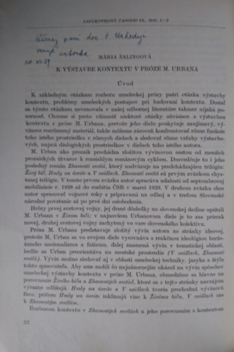 Mria alingov - K vstavbe kontextu v prze M. Urbana (JAZYKOVEDN ASOPIS IX, 1958, 1-2)