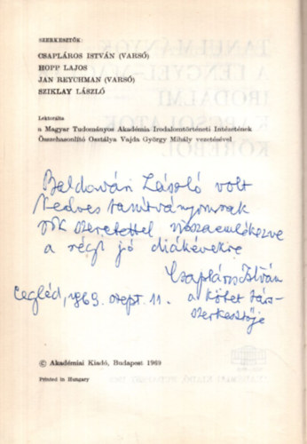 Csapláros István - Tanulmányok a lengyel-magyar irodalmi kapcsolatok köréből - Dedikált
