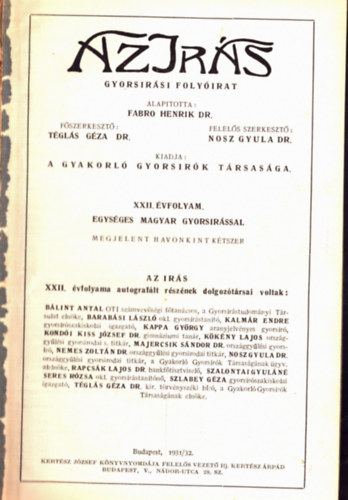 Fabro Henrik dr. - Az Irs (gyorsirsi folyirat) XXII. vf. (1932/32.)