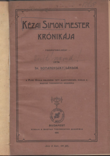 Dr. Domanovszky Sndor - Kzai Simon mester krnikja