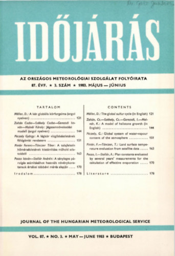 Lőrincz Anna (szerk) - Időjárás - Az Országos Meteorológiai Szolgálat Folyóirata 87. évf. 3. szám (1983. május-június)