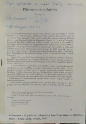 Juh�sz Antal  Sz�cs Judit (szerk.) - P�lmonostora betelep�l�se - K�l�nnyomat