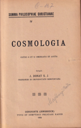 J. Donat S. J. - Cosmologia  summa Philosophiae Christianae IV