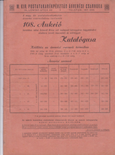 108. Aukci Katalgusa (M. Kir. Postatakarkpnztr rversi csarnoka)