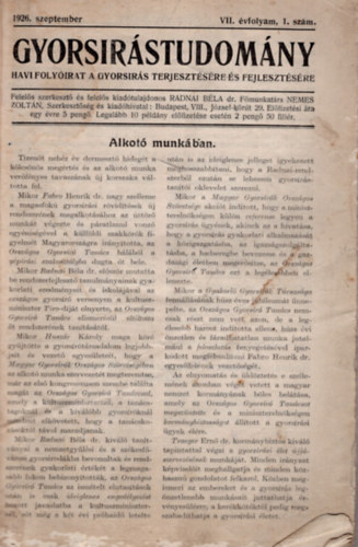 Nemes Zoltn - Gyorsrstudomny VII. vfolyam 1- 10. sz. 1926 szeptember- 1927 jnius ( egybektve )