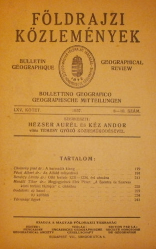 Hzser Aurl - Kz Andor  (szerk.) - Fldrajzi kzlemnyek LXV. ktet 8-10. szm