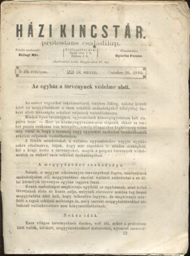 Hzi kincstr. Protestns csaldi lap. 5-dik vfolyam. 22-ik szm. October 28. 1864.