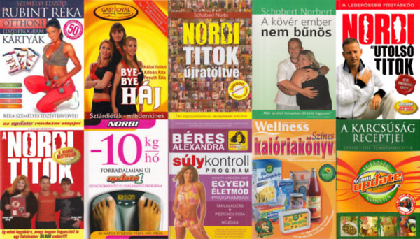 Schobert Norbert, Schobert Norbert, Schobert Norbert, Schobert Norbert, Rubint R�ka,Merczi G�bor, Kov�cs Szilveszter, Schobert Norbert, Schobert Norbert, Schobert Norbert, Schobert Norbert, Schober - 10 db szt�r fogy�k�rak�nyv: Otthoni edz�sprogram k�rty�k - 50 k�l�nb�z� gyakorlat + S�lykontroll program + Sz�nes kal�riak�nyv 2003-04 + A karcs�s�g receptjei + Norbi titok �jrat�ltve + A k�v�r ember nem b�n�s + A Norbi titok +