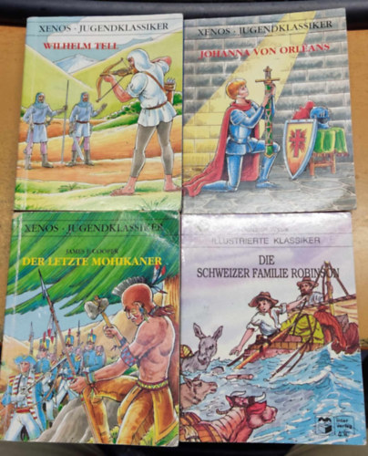 Wiebke Diedrichs, Johann Wyss, Gisela Fischer, Georgina Hargreaves, James F. Cooper Christian Dorbandt - 4 db ifjúsági regény, színezhető illusztrációkkal: Die Schweizer Familie Robinson; Johanna von Orléans; Wilhelm Tell; Der Letzte Mohikaner