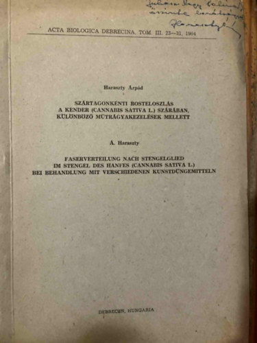 Haraszty Árpád - Szártagonkénti rosteloszlás a kender szárában különböző műtrágyakezelések mellett