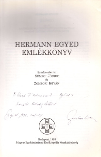 Smegi Jzsef Zombori Istvn - Hermann Egyed emlkknyv   / DEDIKLT/