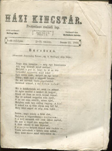 Batizfalvi Istvn Ballagi Mr  (szerk.) - Hzi kincstr. Protestns csaldi lap. 5-dik vfolyam. 2-ik szm. Janur 21. 1864.