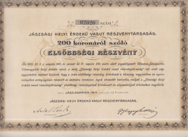 Jszsgi Helyi rdek Vasut Rszvnytrsasg Elsbbsgi rszvnye (trtnelmi rtkpapr, eredeti)