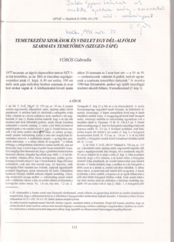 V�r�s Gabriella  (szerk.) - Studia Archaeologica II. - A M�ra Ferenc M�zeum �vk�nyve 1996 - dedik�lt K�l�nlenyomat