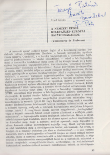 Fried István - A nemzeti eposz keletközép-Európai sajátosságaihoz (Dedikált)