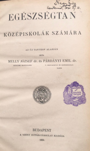 Melly Jzsef dr, Prdnyi Emil Dr. - Egszsgtan kzpiskolk szmra