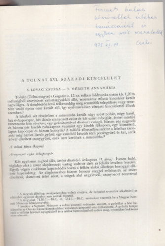 T. Nmeth Annamria S. Lovag Zsuzsa - A Tolnai XVI. szzadi kincslelet - Dediklt - Klnlenyomat