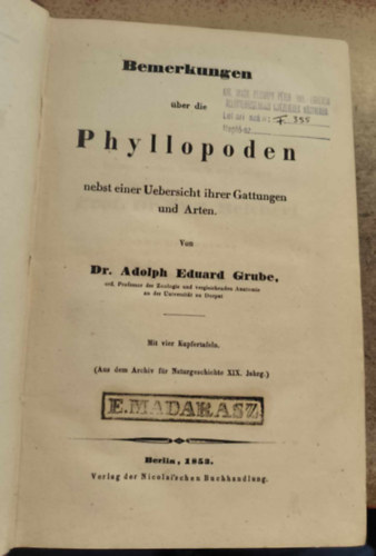 Dr. Adolph Eduard Gattungen - Bemerkungen ber die Phyllopoden (Megjegyzsek a phyllopodkrl)