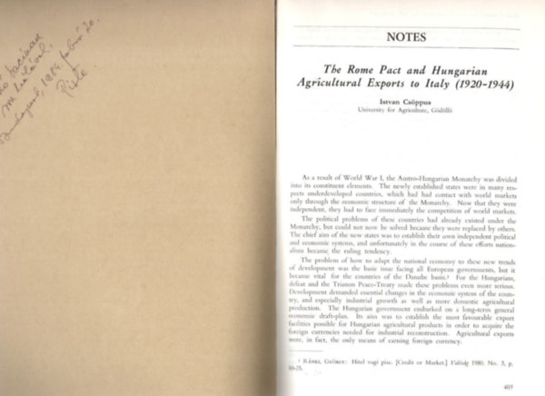Csöppüs István - The Rome Pact and Hungarian Agricultural Exports to Italy ( 1920-1944 ) - Különlenyomat - dedikált