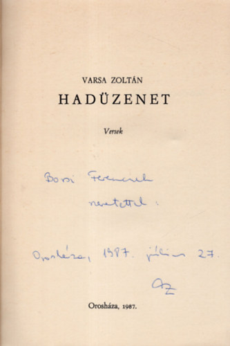 Varsa Zoltán - Hadüzenet- versek- dedikált
