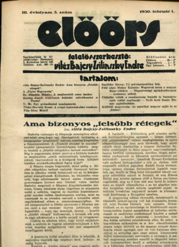 vit�z Bajcsy-Zsilinszky Endre  ( felel�s szerkeszt�) - El��rs foly�irat II. �vf. 5. sz�m. 1930. febru�r 1.