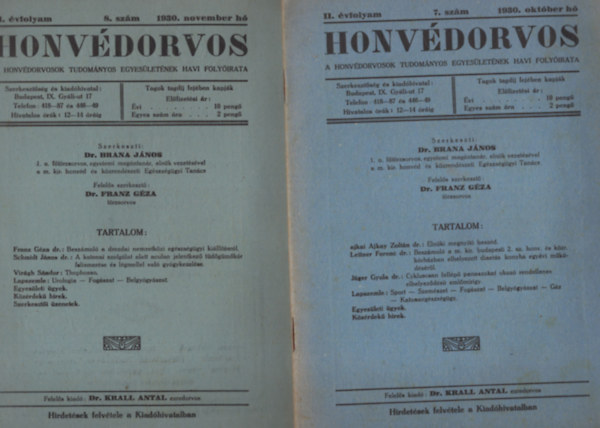 Dr. Ajkay Zolt�n - Honv�dorvos 1929. I. �vfolyam 1., 4., 9., 12. sz�mok (4 db)