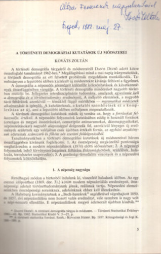Kov�cs Zolt�n - A t�rt�neti demogr�fiai kutat�sok �j m�dszerei  - K�l�nlenyomat - Dedik�lt