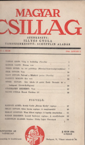 Illys Gyula  (szerk.) - Magyar Csillag folyirat IV. vfolyam. 1. szm.  1944. Janur 1.