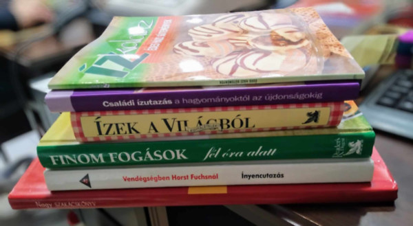 6 sb szakcsknyv: Nagy szakcsknyv+Vendgsgben Horst Fuchsnl-nyencutazs+Finom fogsok fl ra alatt+zek a vilgbl/Egytltelek+Csaldi zutazs a hagyomnyoktl az jdonsgokig+des hzi stemnyek/zkalauz