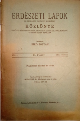 B�r� Zolt�n  (Szerk.) - Erd�szeti Lapok K�zl�nye 1931. �v III. F�zet