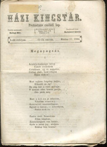 Batizfalvi István Ballagi Mór (szerk.) - Házi kincstár. Protestáns családi lap. 5-dik évfolyam. 6-ik szám. Mártius 17. 1864.