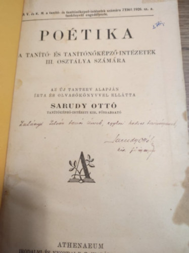 Sarudy Ottó - Poétika - A tanító- és tanítóképző intézetek III. osztálya számára