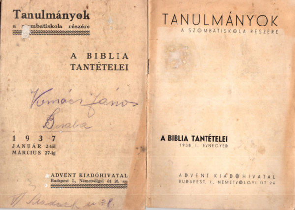 3 db vall�si k�nyv ( egy�tt ) 1. A Biblia tant�telei 1936 okt�ber 4- december 26 -ig. 1937 janu�r 2-m�rcius 27 -ig, 1938. I. �vnegyed ( Tanulm�nyok a Szombatiskola r�sz�re )