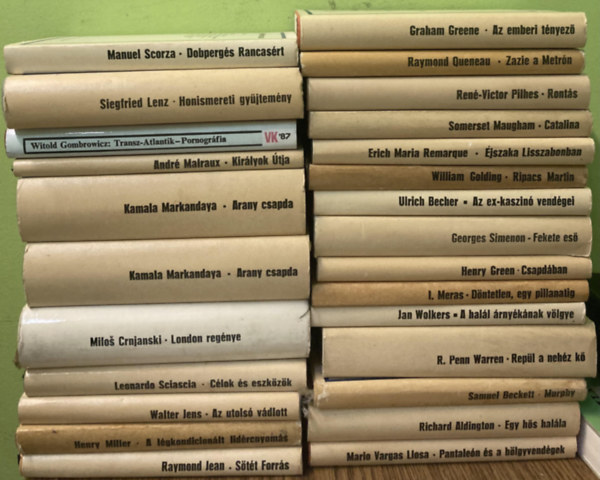 Graham Greene, Manuel Scorza, Siegfried Lenz, Witold Gombowicz, André Malraux, Kamala Markandaya, Milos Crnjanski, Leonardo Sciascia, Walter Jens, Henry Miller, Raymond Jean, Raymond Queneau, René-V - 26 db a Világkönyvtár sorozatból