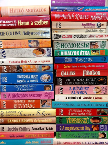 Kathleen E. Woodiwiss, Jackie Collins, Victoria Holt, Sandra Brown, Sindey Lawrence, Catherine Mann, Judith Krantz, Harold Robbins, Joan Collins Tracy Chevallier - 36 db romantikus ktet: Hull angyalok, Hamu a szlben, Hollywoodi pnik, brndok, A kegyelem istennje, A tigris ugrsa, A Paradicsom sziget, rdg a lovon, A kastly ura, A titokzatos asszony, Kgytnc, Francia Selyem, Selyemhl,