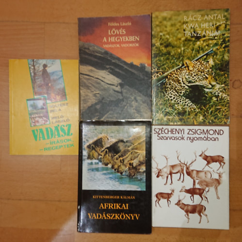 Soltsz Bla-Mel Lszl, Fldes Lszl, Rcz Antal, Kittenberger Klmn, Grf Szchenyi Zsigmond - 5 knyv a vadszat szerelmeseinek: Vadszrsok, -receptek, Lvs a hegyekben, Kwa heri Tanznia!, Afrikai vadszknyv, Szarvasok nyomban