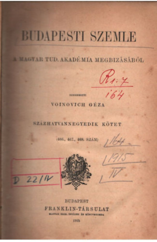 Voinovich G�za - Budapesti szemle 164. k�tet ( 466., 467., 468., sz�m )