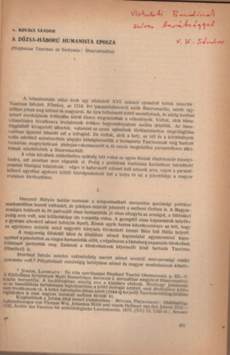 V. Kovács Sándor - A Dózsa-háború humanista eposza - Dedikált - Különlenyomat