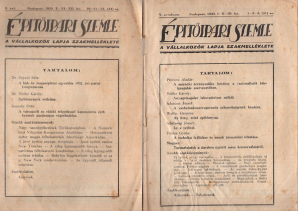 ris Zoltn (szerk.) - 2 db ptipari Szemle V. vf. 31. s 34. szmok (  1932 I-II-III. h s 1932. 10-11-12. h egytt )