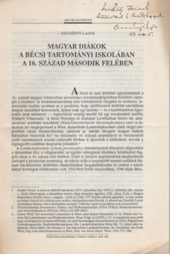Gecsényi Lajos - Magyar diákok a bécsi tartományi iskolában a 16. század második felében - dedikált - Különlenyomat
